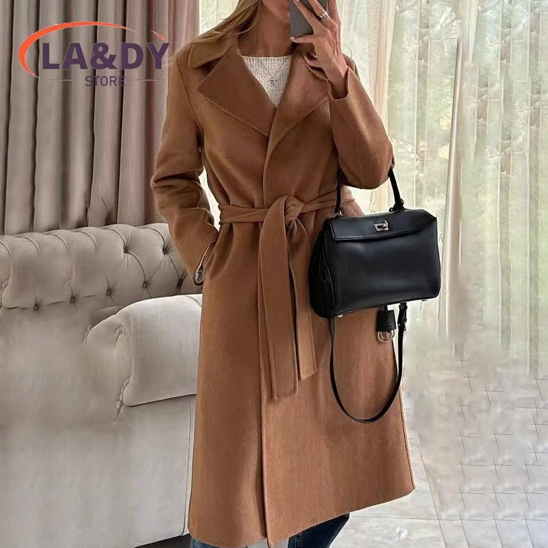 Woolen Coat High Quality 2024 Women Fashion Loose Lace-Up Female Solid Color Casual Long Sleeve Pockets Outerwear 2