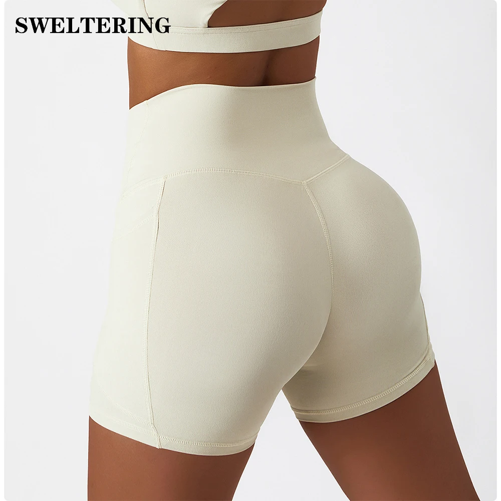 

High Waist Yoga Shorts With Pockets Gym Workout Running Fitness Butt Lifting Pants Women's Sweat Absorbent Breathable Leggings