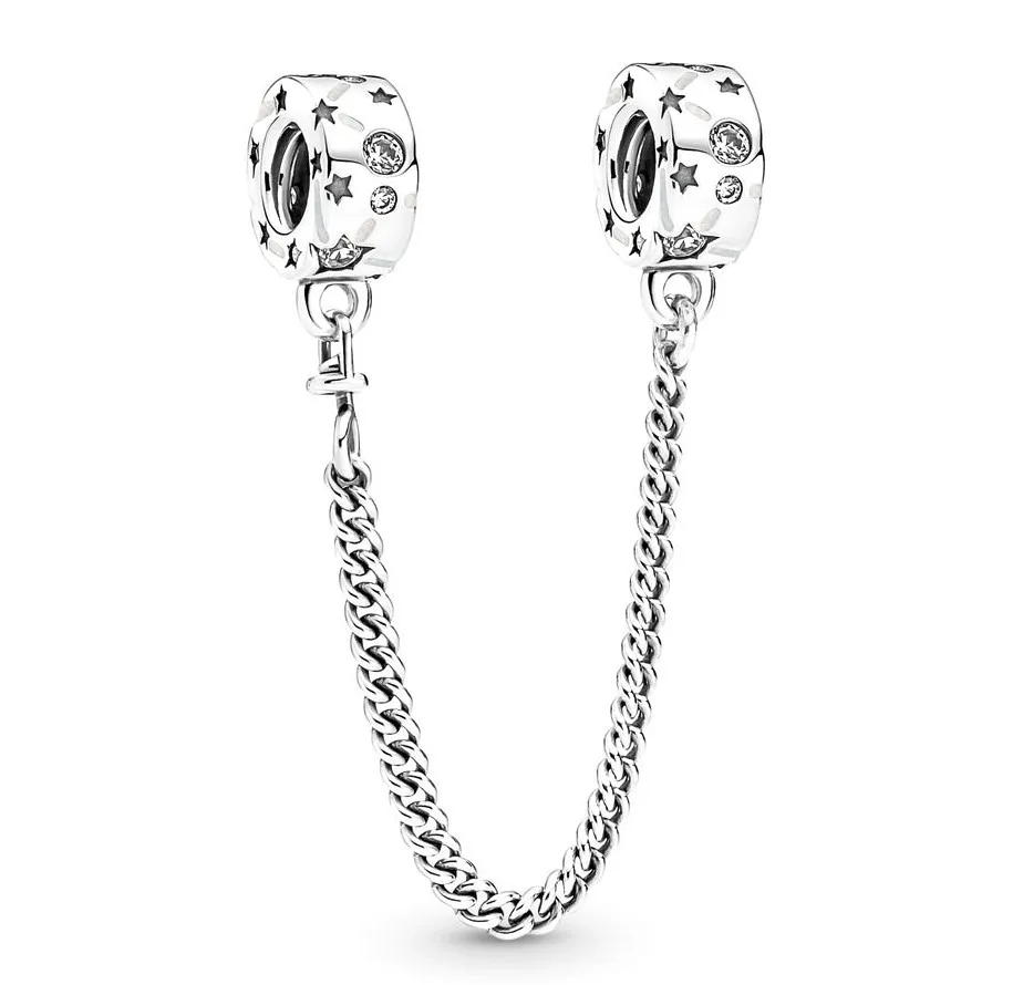 Original Stars & Galaxy Safety Chain Beads Charm Fit Pandora Women 925 Sterling Silver Bracelet Bangle Jewelry