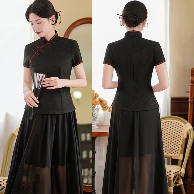 Chinese Style Qipao Top Lady Elegant Lace Flower Cheongsam Shirt Tradition Mandarin Collar Tang Clothes Short Sleeve Blouse