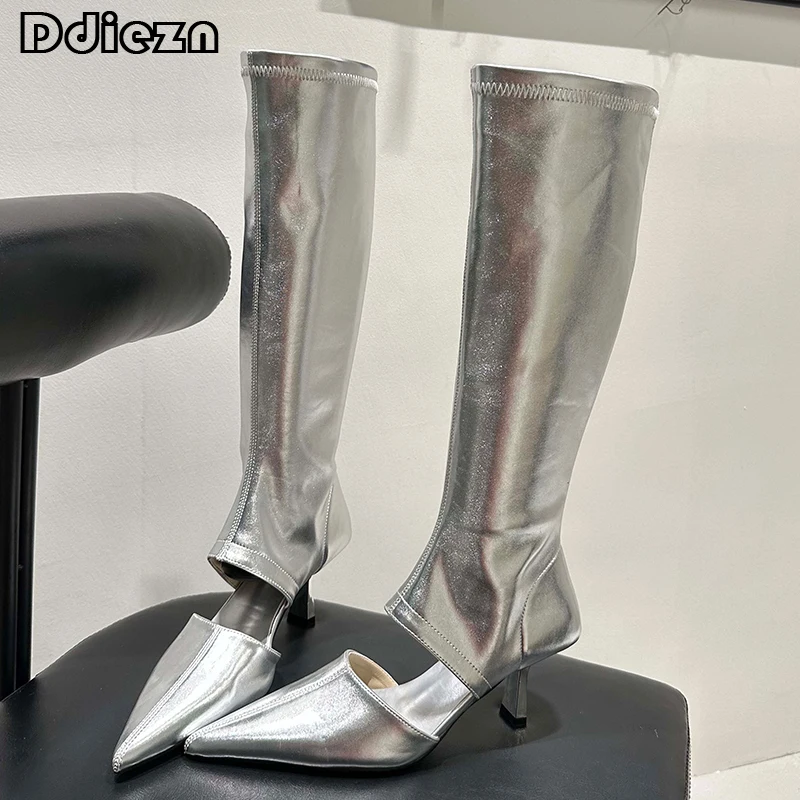 

2023 Pumps Boots For Women Summer Female Shoes For Hollow Pointed Toe Heels Ladies Fashion Stretch Fabric Modern Knee-High Boots