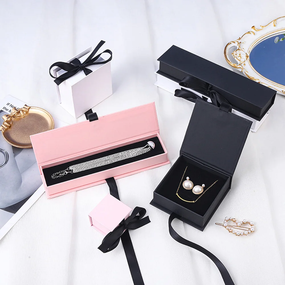 Necklace Boxes Ribbon Flap Jewelry Packaging Box Solid Color Creativer Greeting Card Necklace Bracelet Gift Package Paper Box