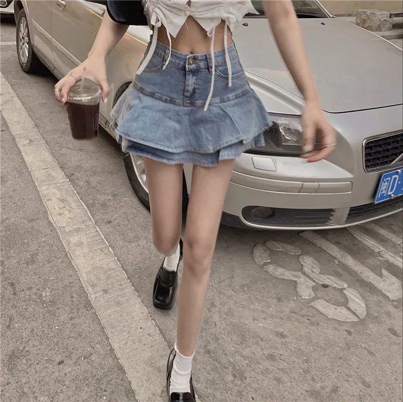 Sexy Chic Ruffles Design Denim Skirt Woman Spring Summer Sweet Cute Trumpet Skirts Fashion Ins High Waist A Line Jupe Femme skater skirt