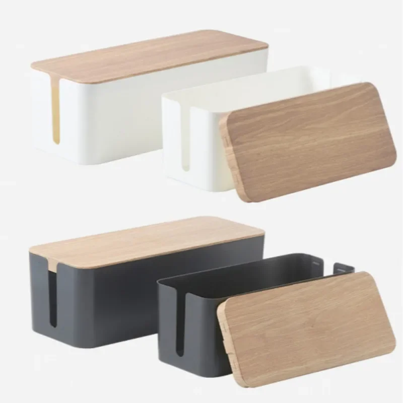 Creative Simple Wire Box Bamboo Wood Cover Cable Management Box Plug Board Storage Box Power Cord Charger Storage 5