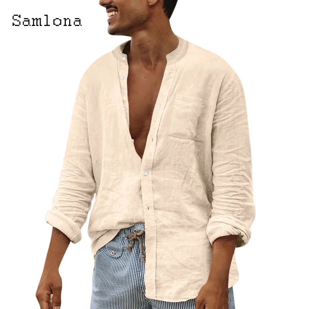 Solid White Shirt Blusas Long Sleeves Linen Tops Sexy Mens Clothing 2023 New Summer Casual Beach