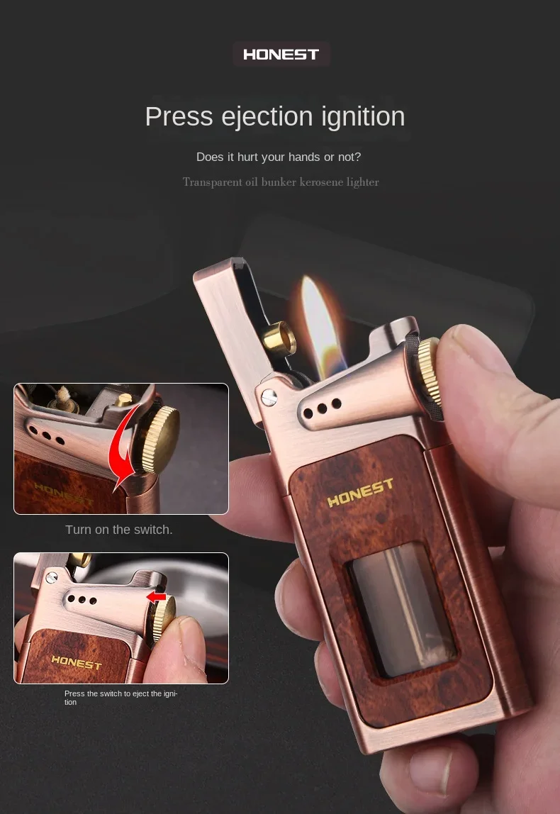 Description Picture 4 of itemCreative Ejection Ignition Kerosene Lighter Transparent Large Capacity Fuel Tank Retro High-end Lighter Unique Appearance