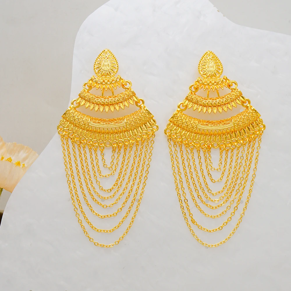 Luxury African Gold Color Tassel Drop Dangle Earring For Wedding Party Jewelry Dubai Arabic Indian Copper Long Hanging Earrings