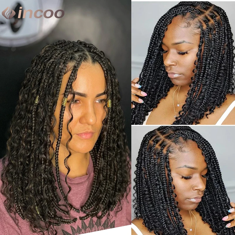 

Synthetic 12 Inch Goddess Boho Short Bob Braids Wig Transparent 360 Full Lace Curly Wig Knotless Braid Wig Pre-Plucked Baby Hair