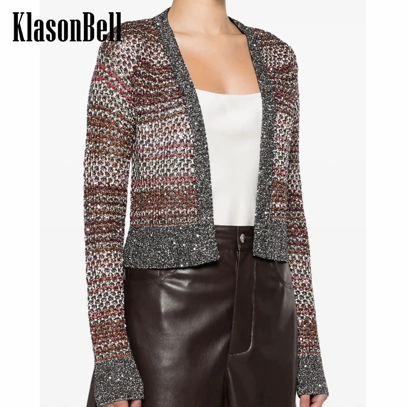 

5.8 KlasonBell Fashion Bright Silk Striped Jacquard Knitted Cardigan V-Neck All-matches Single Breasted Short Knitwear Top