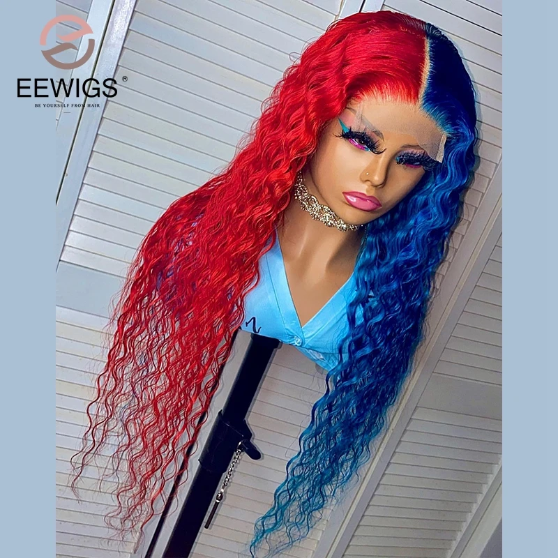 Kinky Curly Synthetic Half Red Half Blue 30 Inch Highlight 13x4 Lace Front Preplucked Drag Queen Straight Cosplay Wig For Women