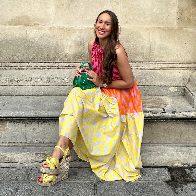 Chic Patchwork Printed Dress For Women Chic Round Neck Sleeveless Casual Maixi Dress Summer New Female Vacation Robe