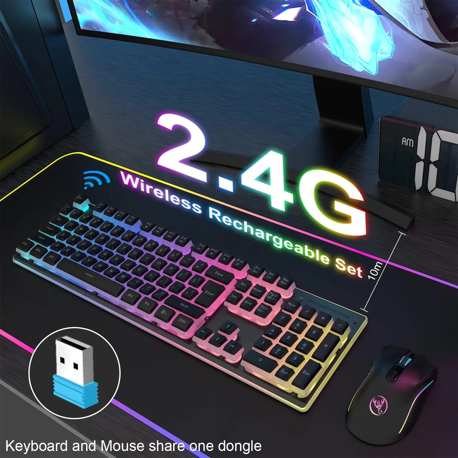 MAMBASNAKE L96 무선 키보드 마우스 콤보, 3000mAh 충전식 RGB 풀 사이즈, 푸딩 키캡, 4800DPI 광학 마우스, K10