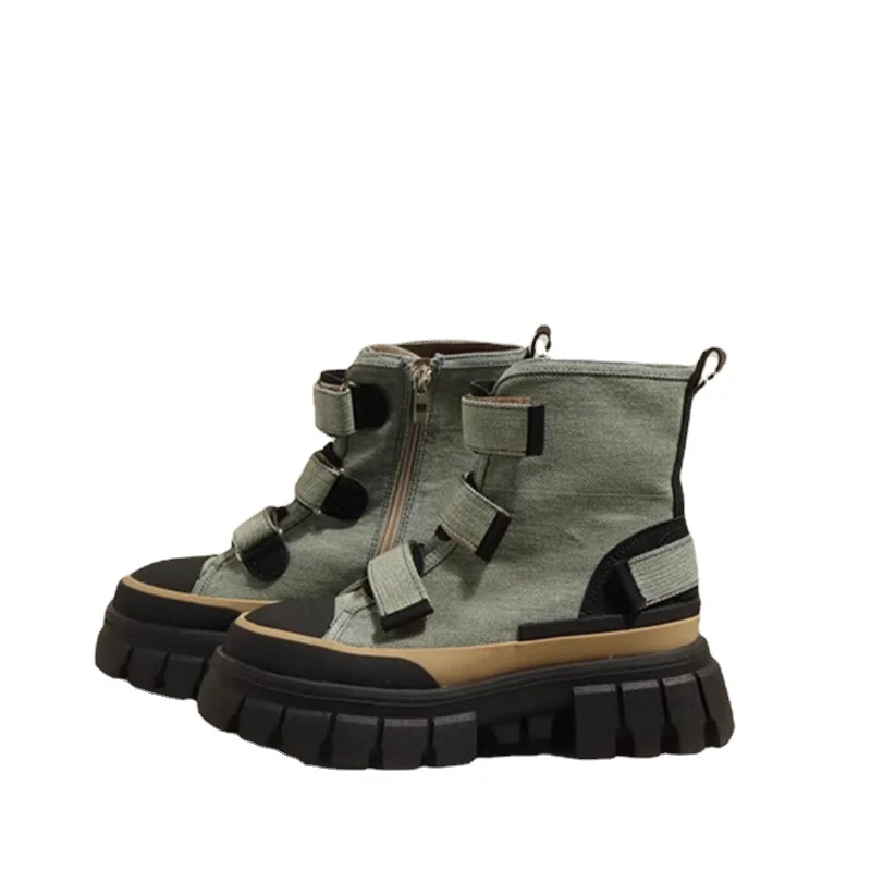 

Korean Street Design Cowboy Knight Boots High Top Canvas Short Boots Increased Shoes for Women Genuine Leather Motorcycle Boots