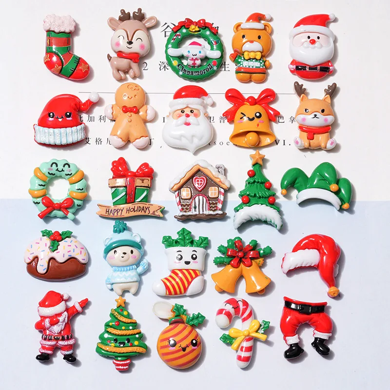 

10pcs New Christmas Tree Resin Cabochons Flatback for Phone Cases DIY Cute Christmas Santa Snowman Jingle Bell Embellishments