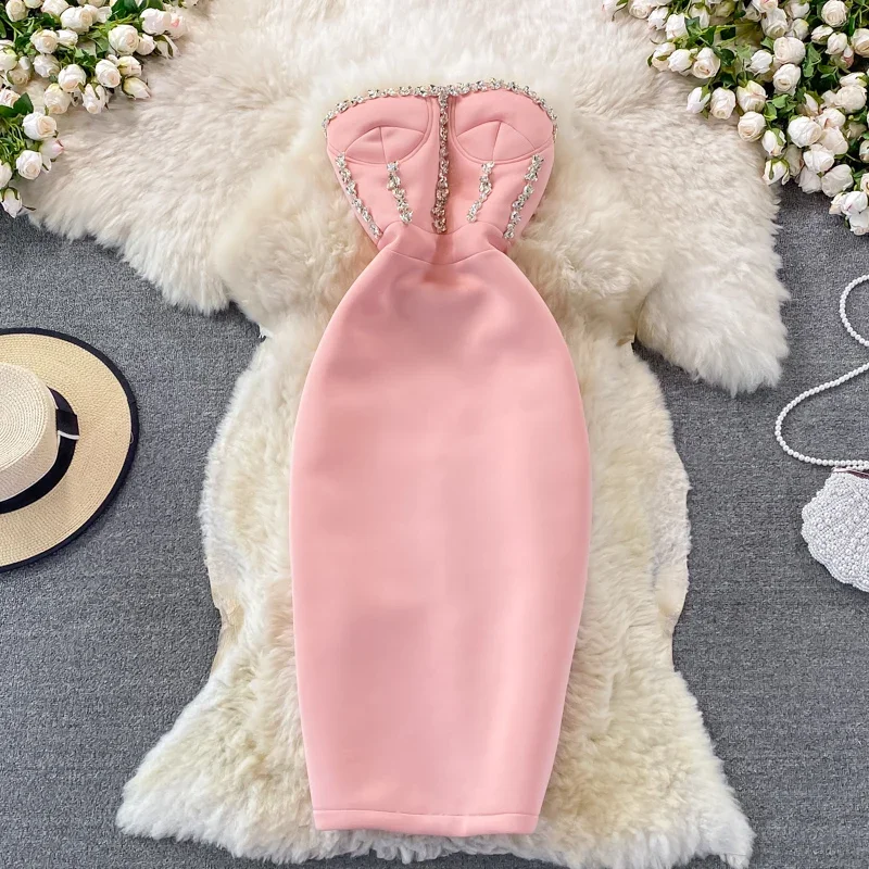 

Beading Diamond Women Party Dresses For New Year Sleeveless Strapless Bodycon Sexy Female Dress Vestido de festa Dropshipping