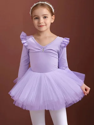 BIBIHOU Mädchen Ballett-Tutu-Kleid Professionelles Kinder-Gymnastik-Tanzkleid mit Rüschen Langarm-Trikot Übungs-Ballettkostüm Ballerina – Detail 9