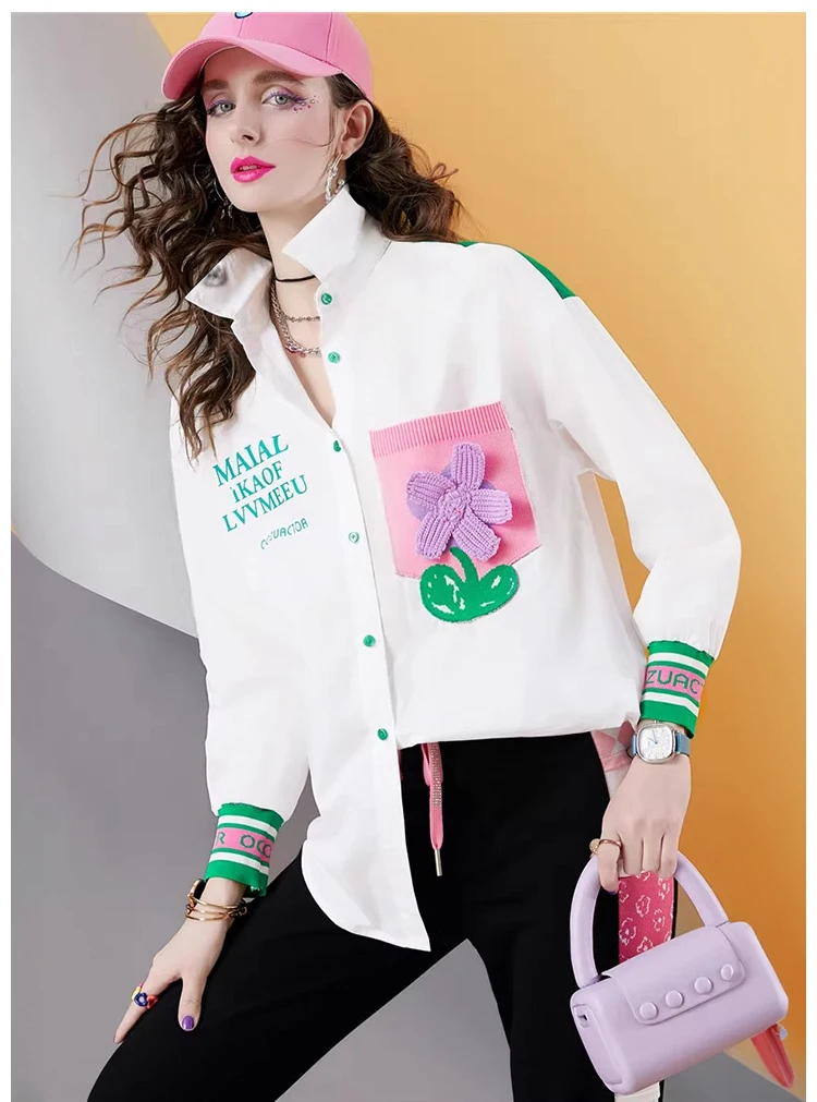 ربيع جديد جودة عالية 100% القطن المرأة طويلة الأكمام قميص فضفاض خياطة بلوزة غير رسمية للنساء