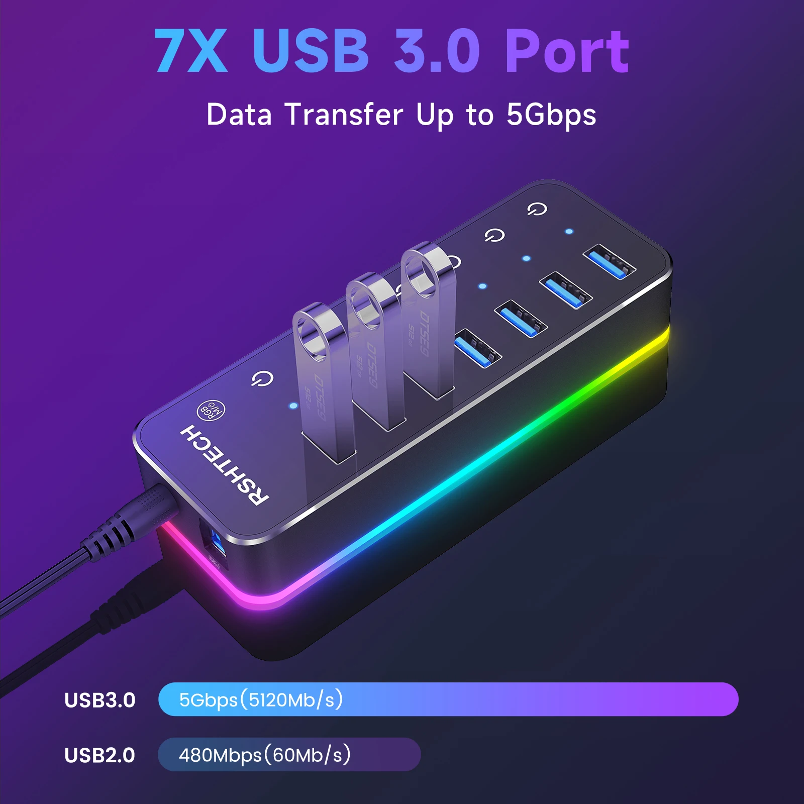 RSHTECH RGB USB 3.0 Hub with 7Port 5Gbps Data Transfer Splitter and 14 Lighting Modes for Computer Laptop PC Accessories 2