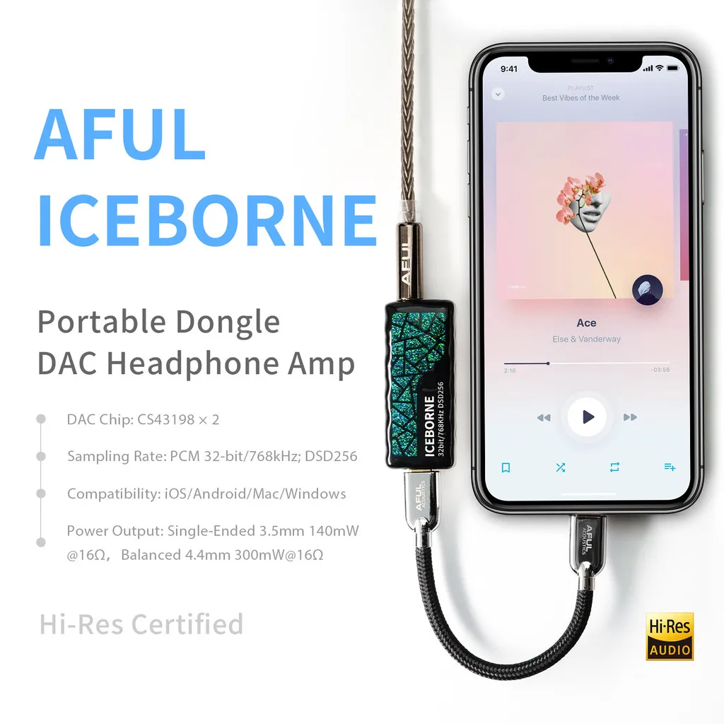 AFUL ICEBORNE HiFi 휴대용 USB DAC AMP 듀얼 CS43198 칩 32Bit/768kHz DSD256 3.5+4.4mm 밸런스드 헤드폰 앰프