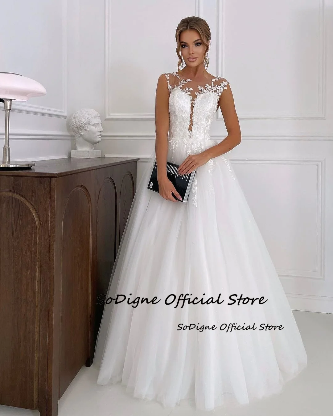 SoDigne A-line Appliques Wedding Dresses O-neck Sleeveless Tulle Bridal Dress Long Wedding Gown Robe De Mairee Customized 12 Sbbdc1aed10904ee88a716d2fc12b7044r