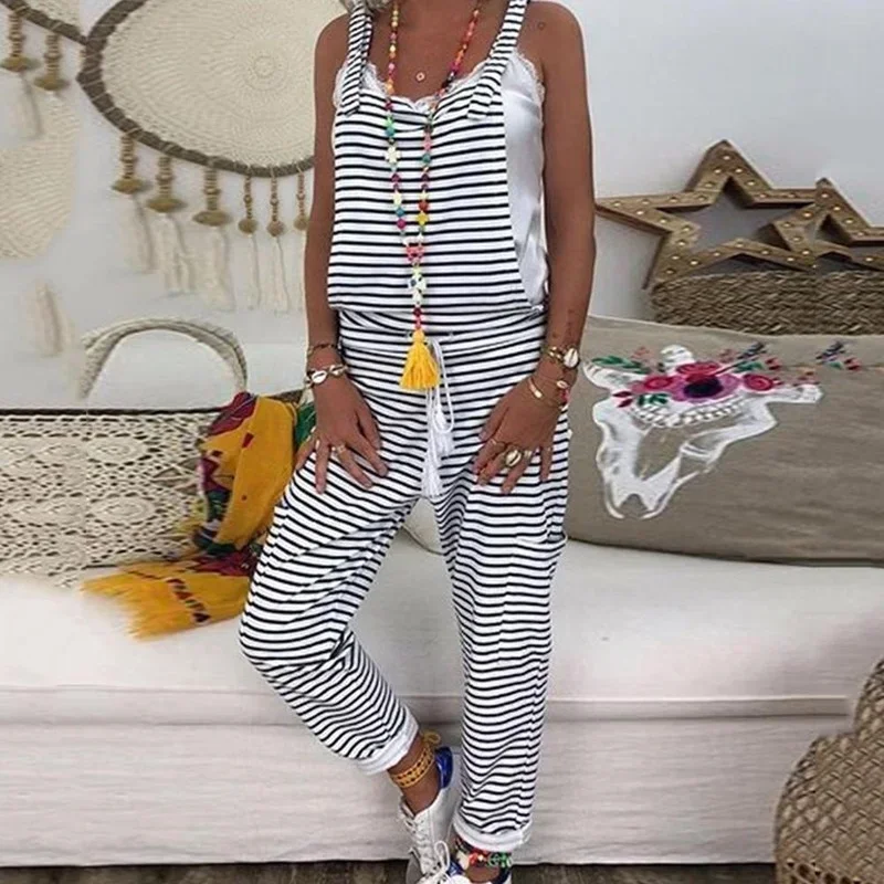 Women Tassel Drawstring Long oversized Jumpsuits 2021 Striped Print Pocket Overalls Summer Loose Casual Female Jumpsuit Stylish