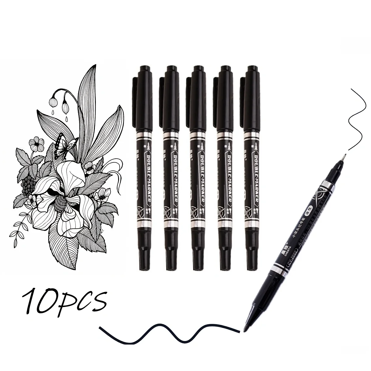10pcs Dual-Tip Permanent Markers – Black Ink, Fine & Thick Tips – Ideal for Drawing, Calligraphy, Sketchbooks, Fabric, Wood 1