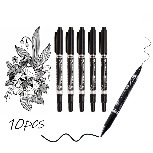 10pcs Dual-Tip Permanent Markers – Black Ink, Fine & Thick Tips – Ideal for Drawing, Calligraphy, Sketchbooks, Fabric, Wood 1