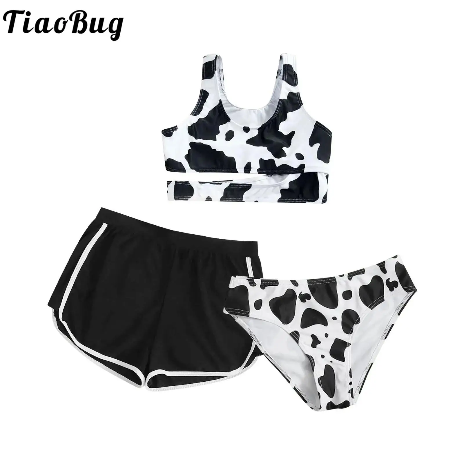 

TiaoBug 3Pcs Kids Girl Cow Print Bikini Swimsuit Hollow Out Tank Top with Swim Bottoms and Shorts Set Beach Bathing Suit