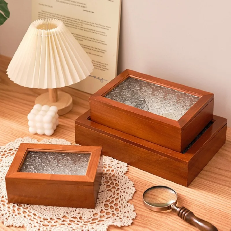 Lock storage Retro new Chinese solid wood desktop storage box Stationery box Dust-proof crabapple flower glass jewelry b