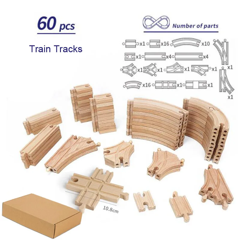 60PCS/Set Wooden Train Tracks Beech Wood Track Train Toys Train Railway Assembled Toy For Children Gift wooden train track racing railway toys all kinds wooden track accessories fit for biro wood tracks toys for children gift