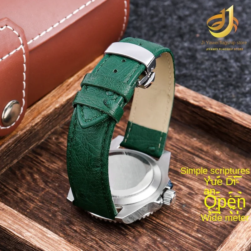 Bracelete de Relógio de Couro Avestruz Vintage para Homens e Mulheres Pulseiras Fecho Borboleta Acessórios Rolex Iwc Tudor Preto Verde Marrom - Image 4