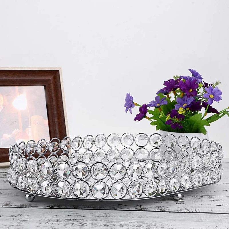 ABWR-Mirrored Crystal Vanity Makeup Tray, Jewelry Trinket Storage Tray Cosmetic Perfume Display Tray (Silver,Ellipse) 3
