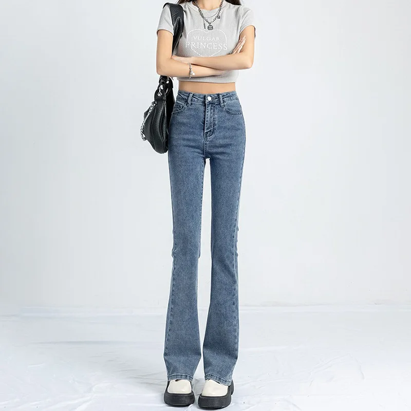 Vintage Jeans Spring and Autumn High-waisted Thin Designed for Small People Flared Horseshoe Trousers