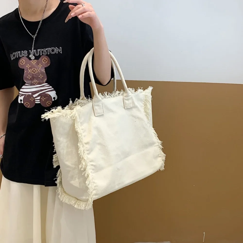 Vegan Canvas Tote Bags Women Fashion Versatile Tassels Shoulder Bag Female Casual Simple Large Capacity Handbag Girls School Bag