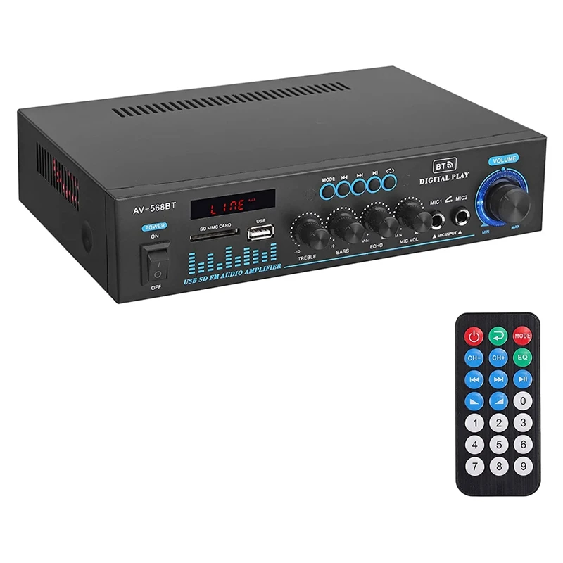 Audio Power Stereo Amplifier AV-568BT Bluetooth 2.0 Channel 50W x 2 with RCA Inputs USB SD Readers(EU Plug) |
