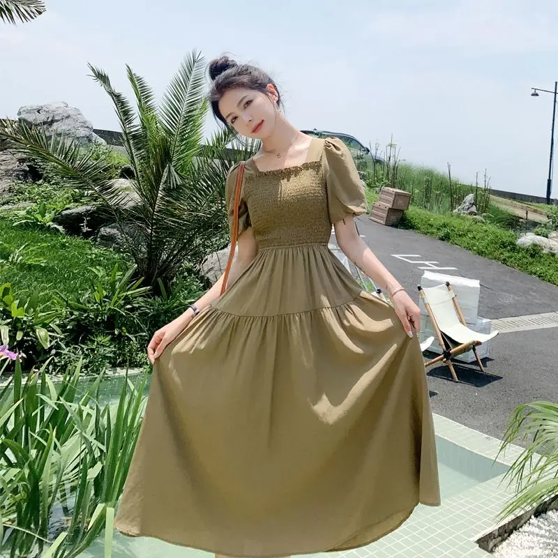 

French Open Back Slim Fit Pleated Elastic Waist Dresses for Women 2023 Summer New Style High Grade Pure Lust A-line Long Dress