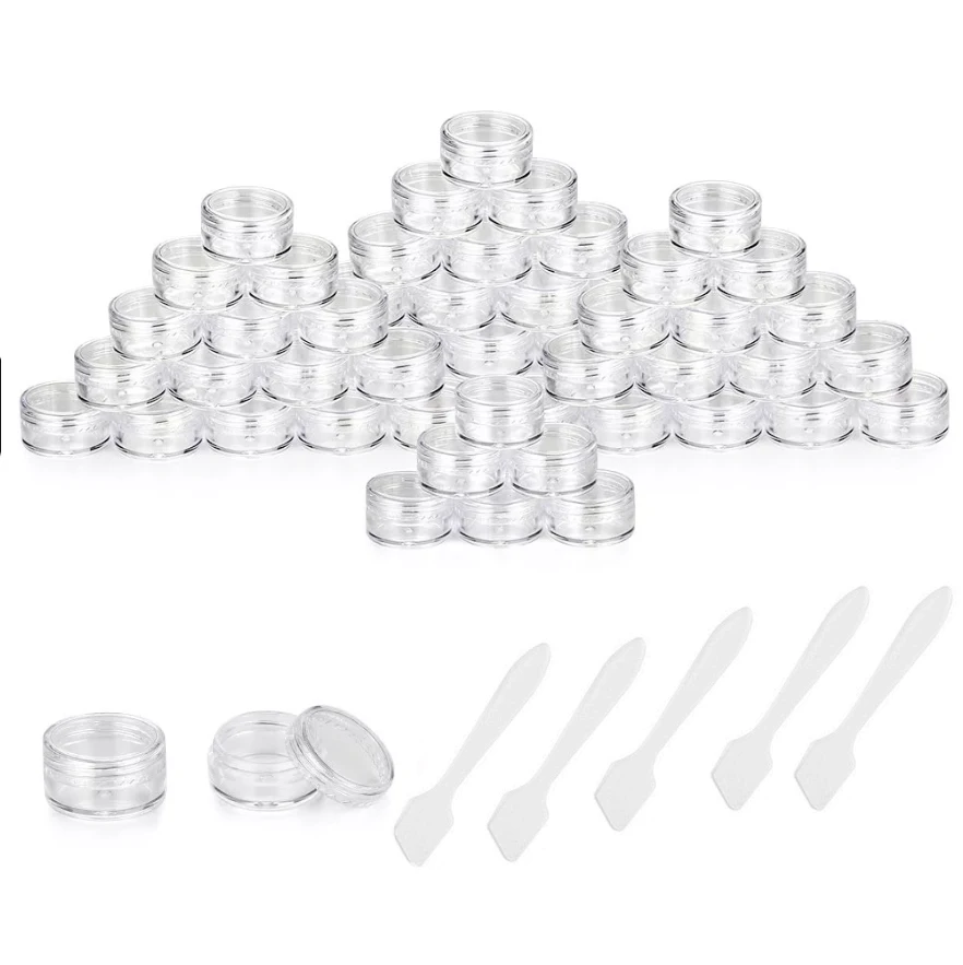 

100 Pieces 3g Empty Clear Plastic Sample Containers with Lids Cosmetic Cream Pot Jars with 5 Pieces Mini Spatula Wholesale