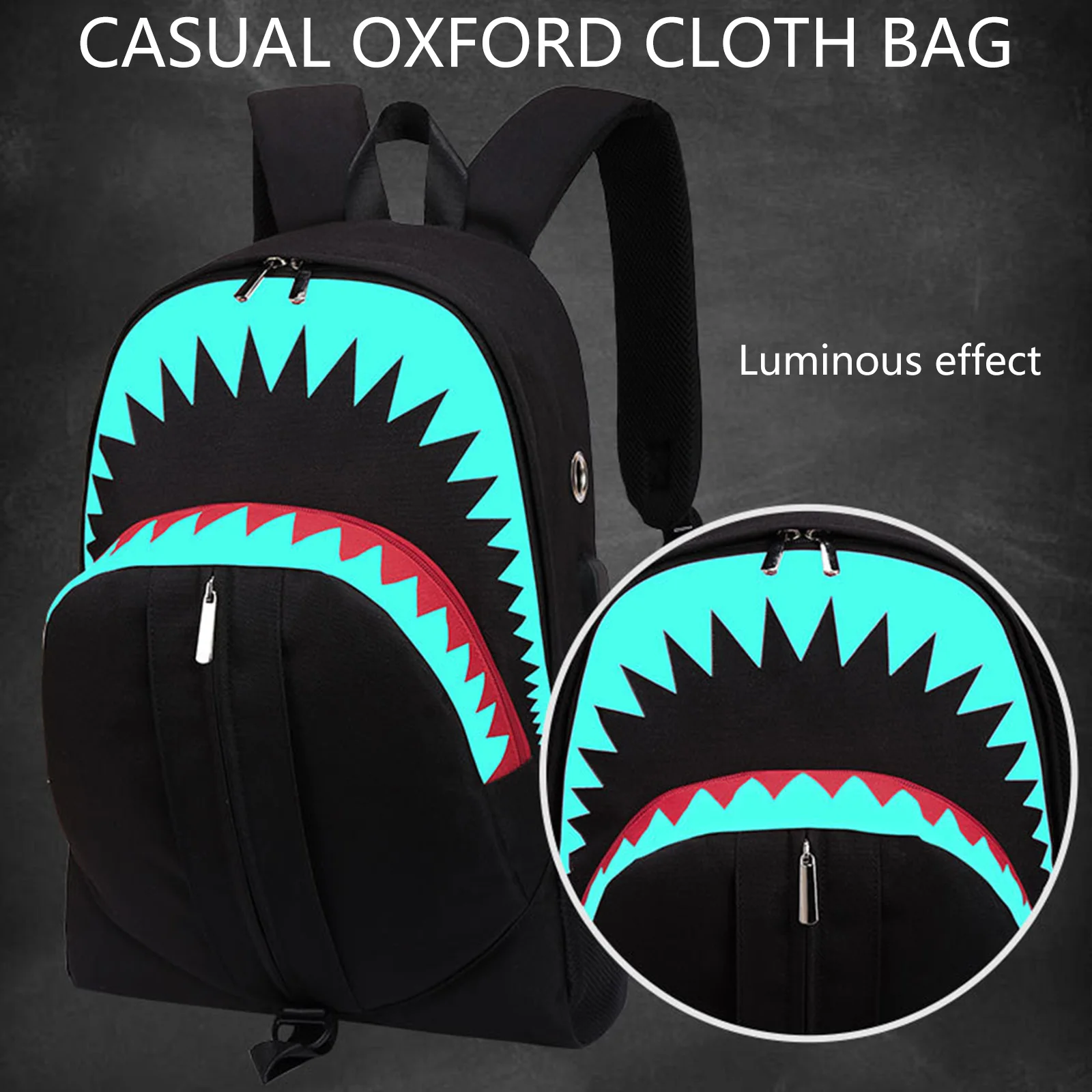 Shark Mouth School Backpack - USB Charging Night Luminous Laptop Rucksack Bag