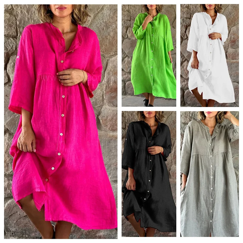 

Women Fashion Cotton Linen Dress Causal Loose Button Up Long Sleeve Shirt Dresses Vintage Beach Party Midi Dress
