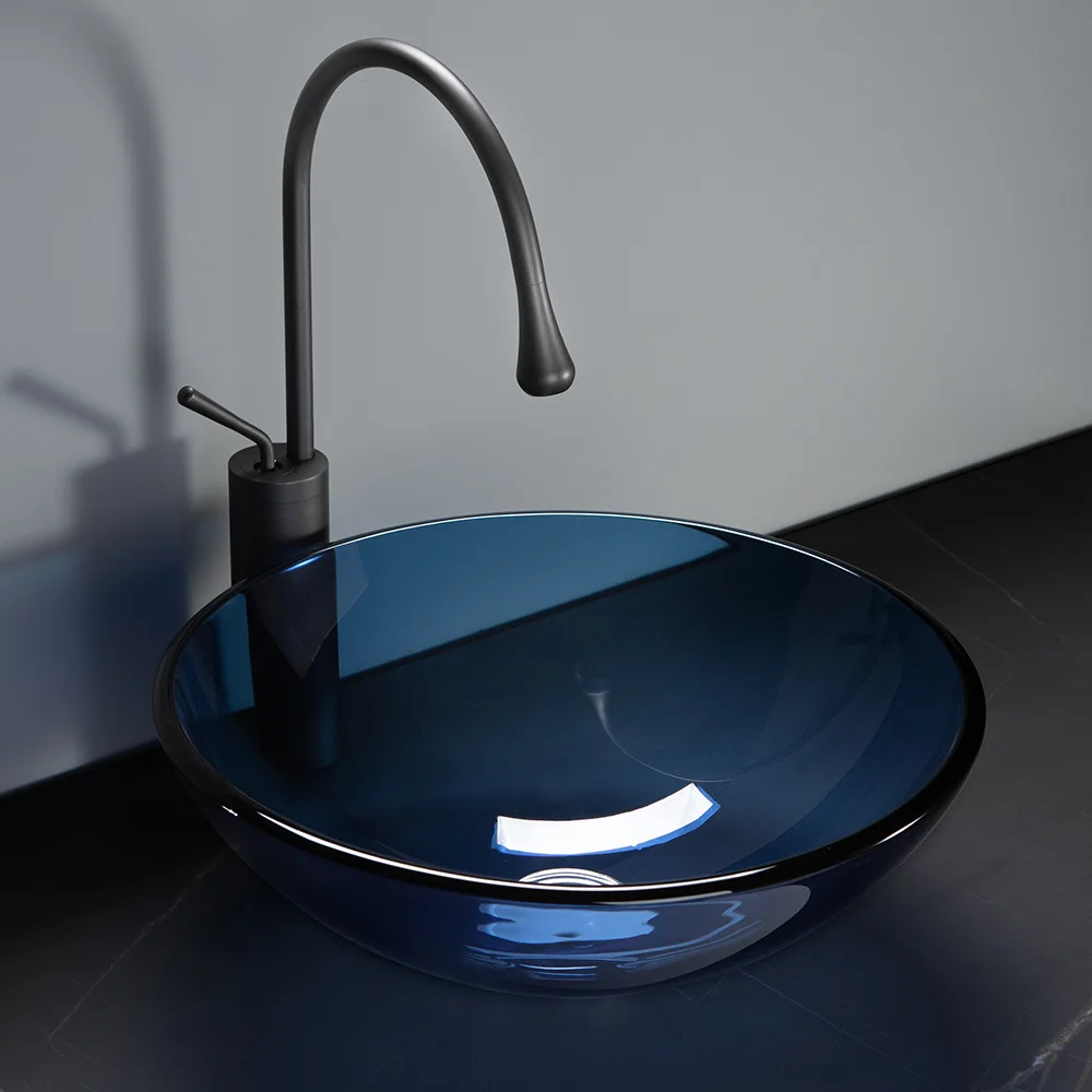 Pia de vidro temperado redonda para banheiro, Blue Countertop Art Basin, Tigela Transparente com Conjuntos de Drenagem, Lavatório para Hotel e Varanda, 42cm