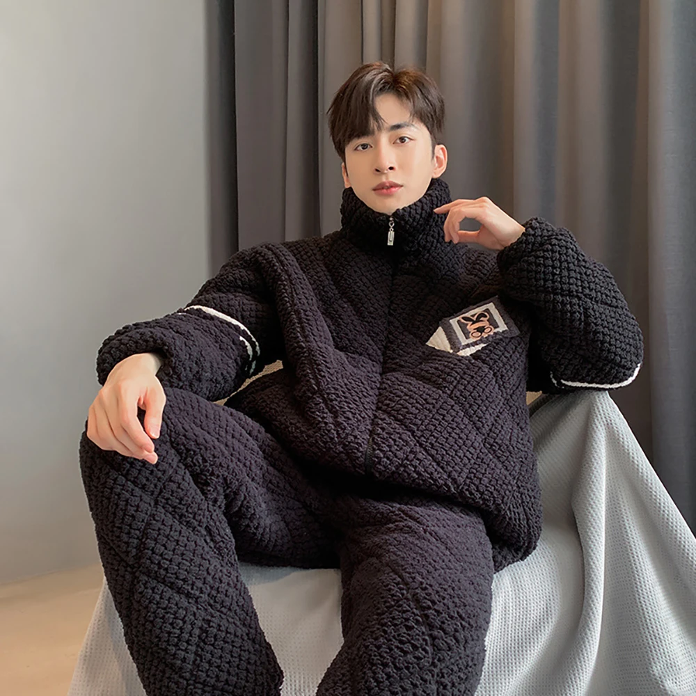 3-Layer Super Thicken Coral Fleece Zipper Sleepwear for Sleeping Warm Men's Winter Pajamas Set Casual Loose Soft Pijama Hombre