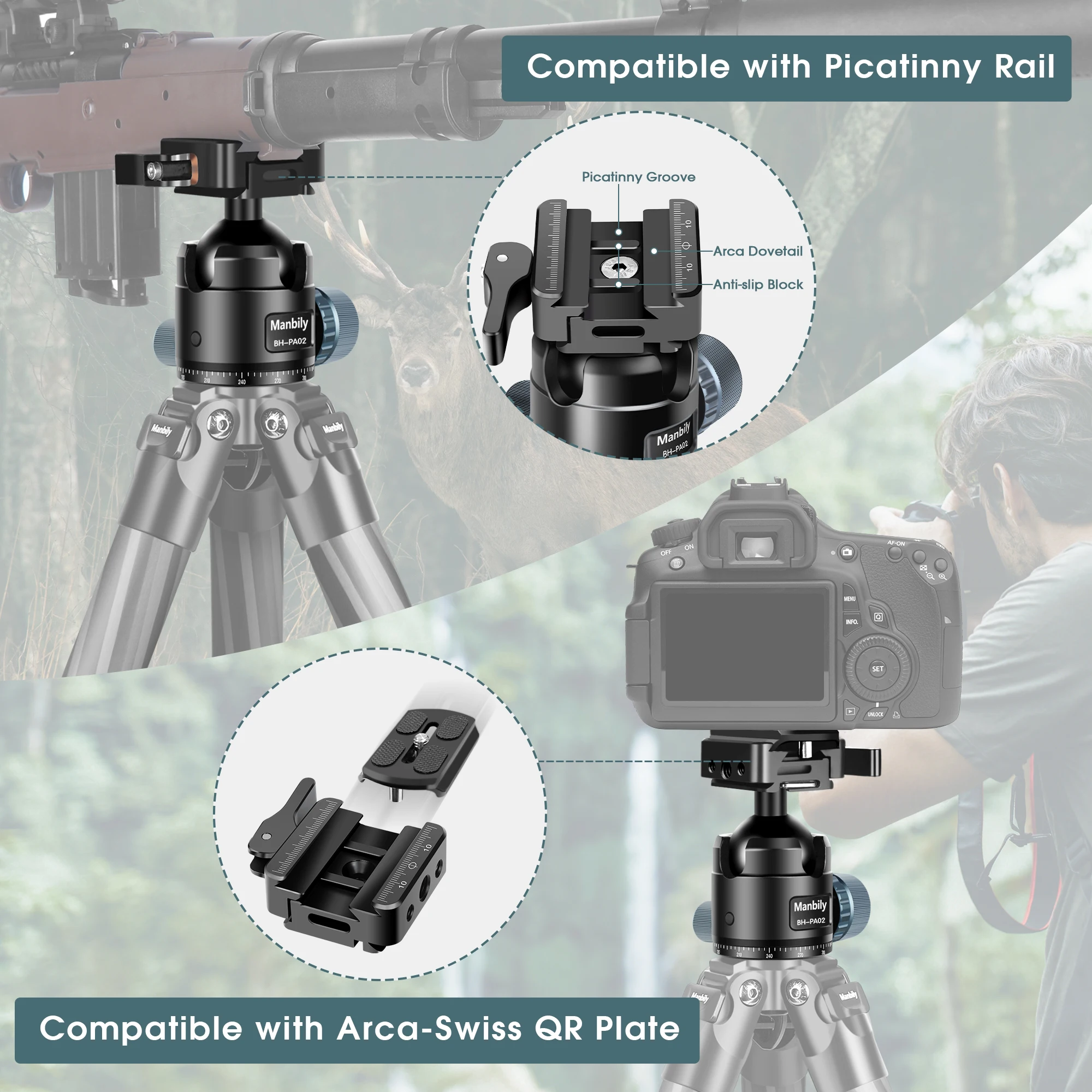 Tripod Ball Head Manbily BH PA02 Tripod ballhead Arca Swiss Shooting Rifle Saddle Mount Tripod Clamp For hunting Max Load 44.09lb/20kg