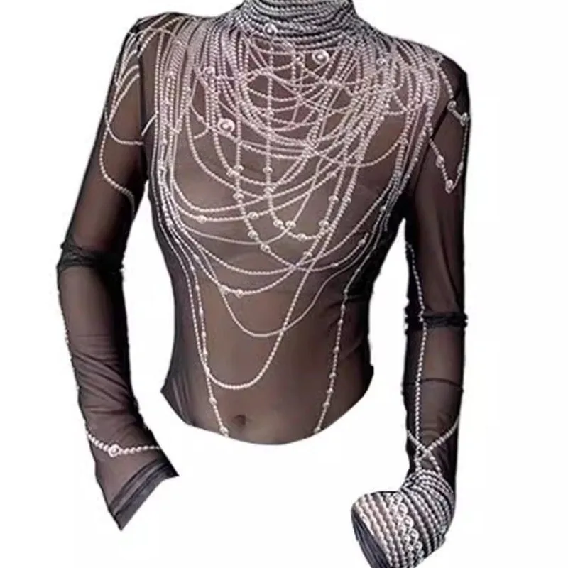 

Three Dimensional Pearl Printed Long Sleeved T-shirt for Women's 2024 Spring and Autumn Pullover Head Half High Collar Slim Top
