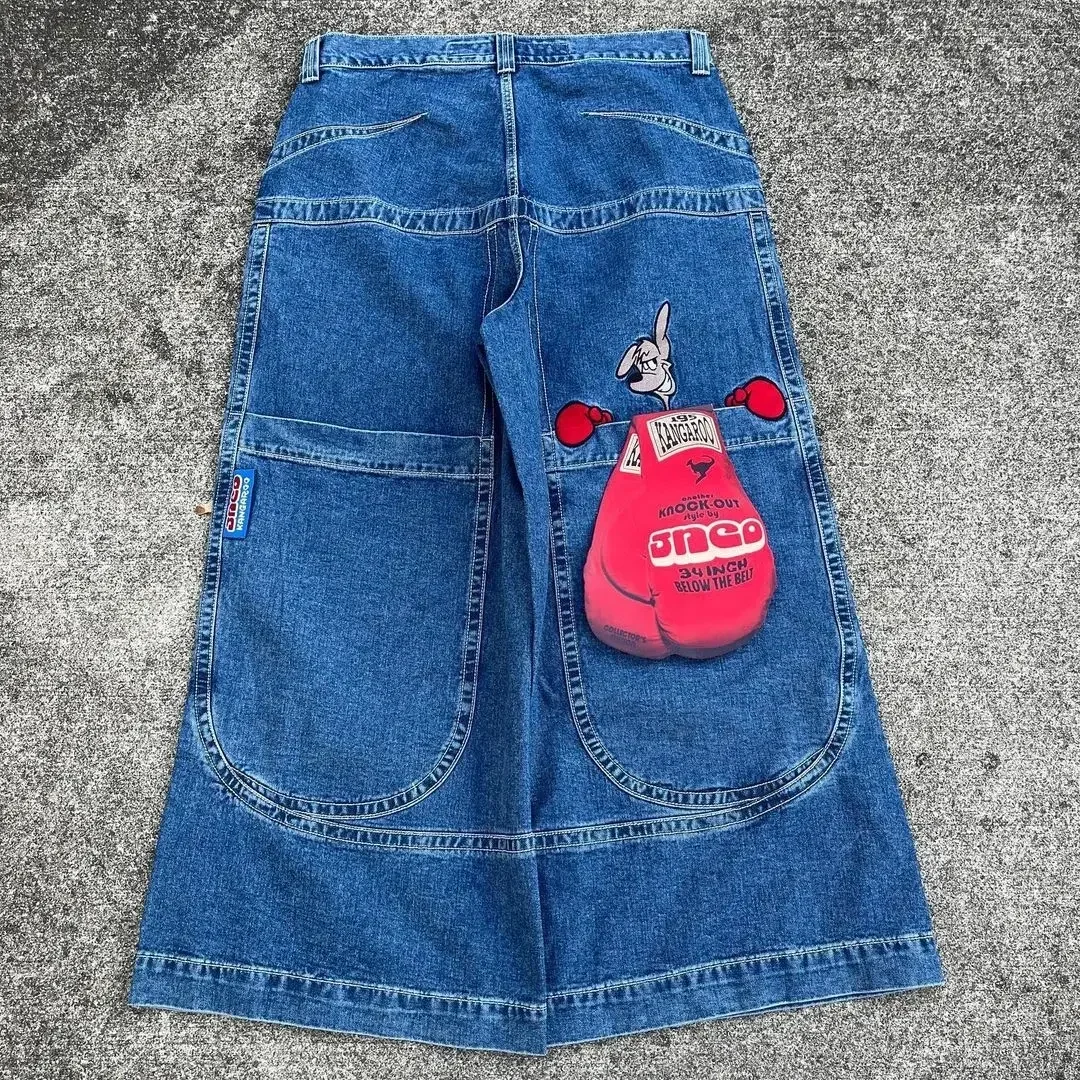 

Джинсы JNCO Y2k мужские с большими карманами, свободные синие готические брюки в стиле ретро, в стиле хип-хоп, с рисунком кенгуру, в стиле Харадзюку
