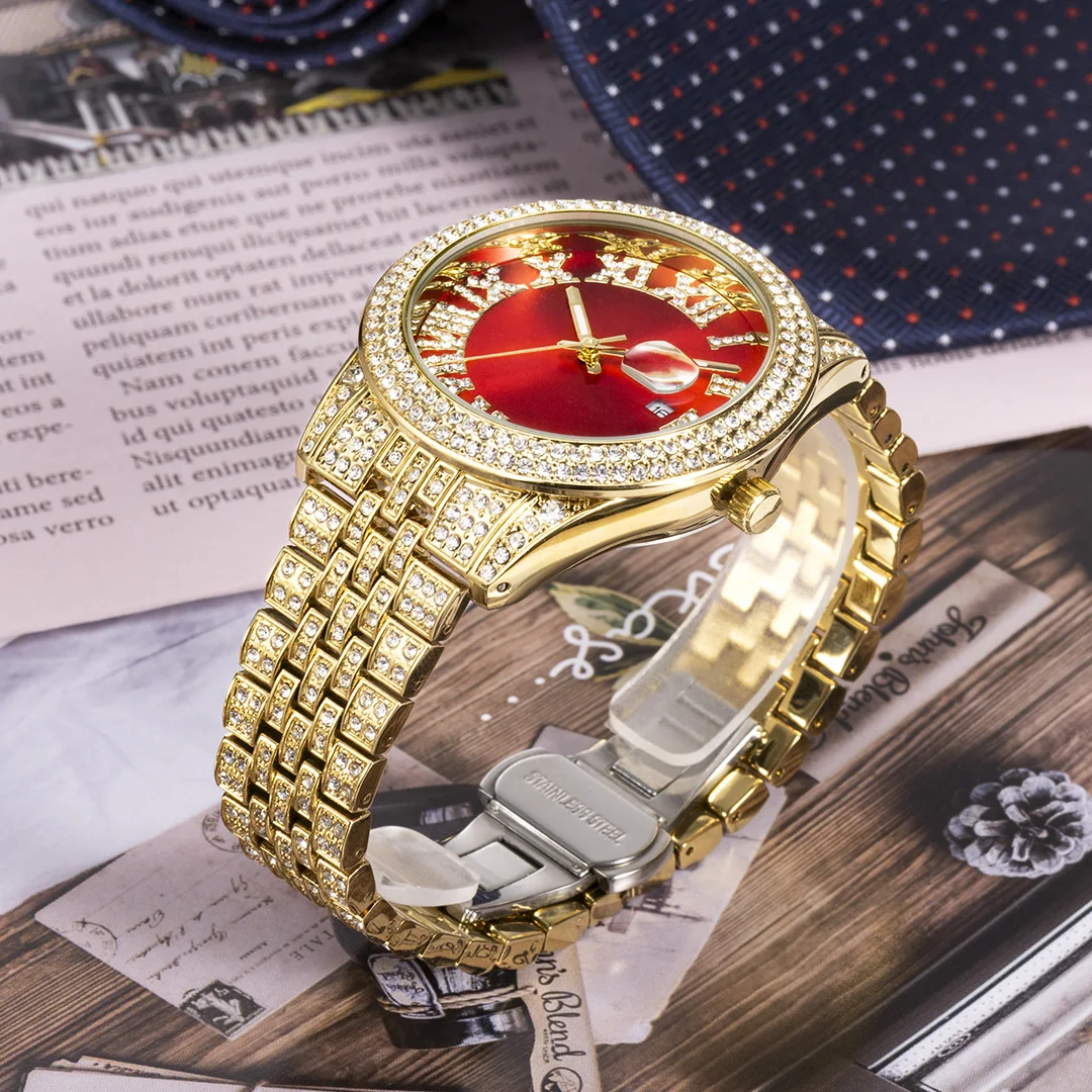 Women Men\'s Quartz Watches Iced Out Diamond Bling Red Watch For Male Female Couple Waterproof Calendar Lover Clock New In