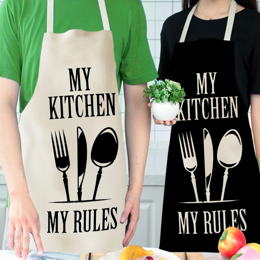 Simple Letter Kitchenware Cute Cartoon Cat Print Kitchen Apron Waterproof Apron Cleaning Household Tools Nordic Oil-proof denim cotton linen apron