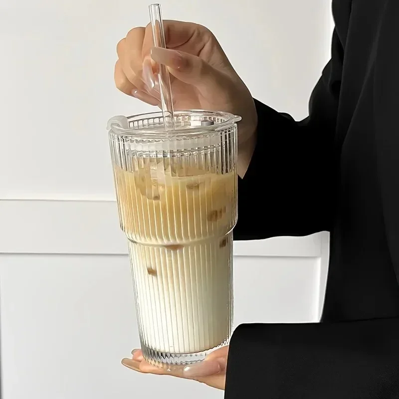 600ML glass cup Striped Cup with Lid Straw Transparent Milk Iced Coffee Cup Beverage 1pcs