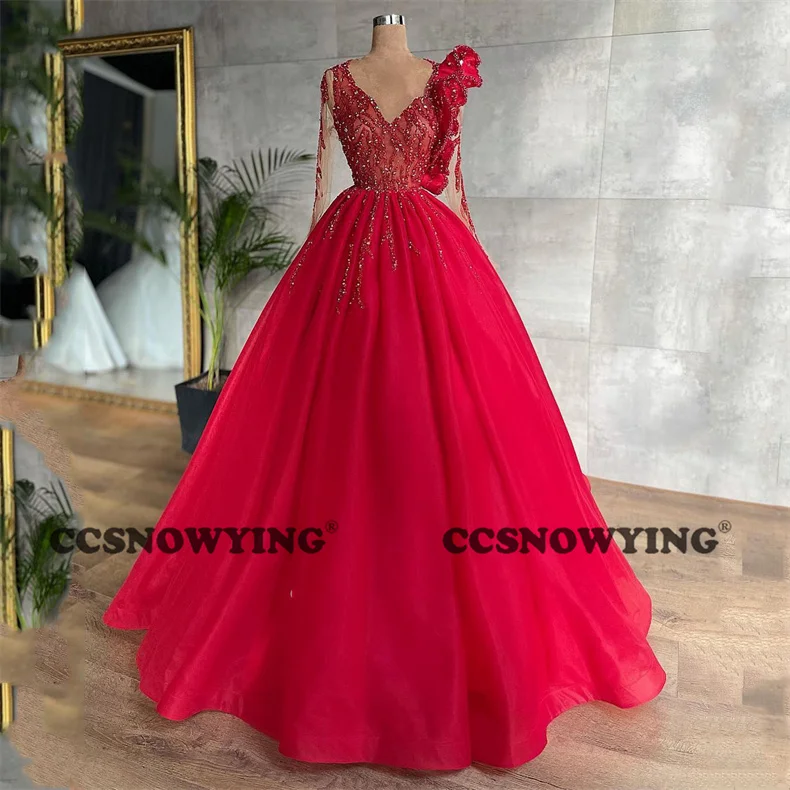 

Tulle Appliques Beaded Prom Dresses Long Sleeve V Neck Evening Gowns Women Formal Party Dress Robe De Soiree