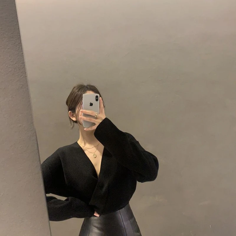 Sbbdd1fbdf4d64a7b9e6471278a968629w Black Sweaters Women Korean Irregular V Neck Knitted Pullovers Office Lady Elegant Knitwear Autumn Winter Solid Jumpers Mallzona