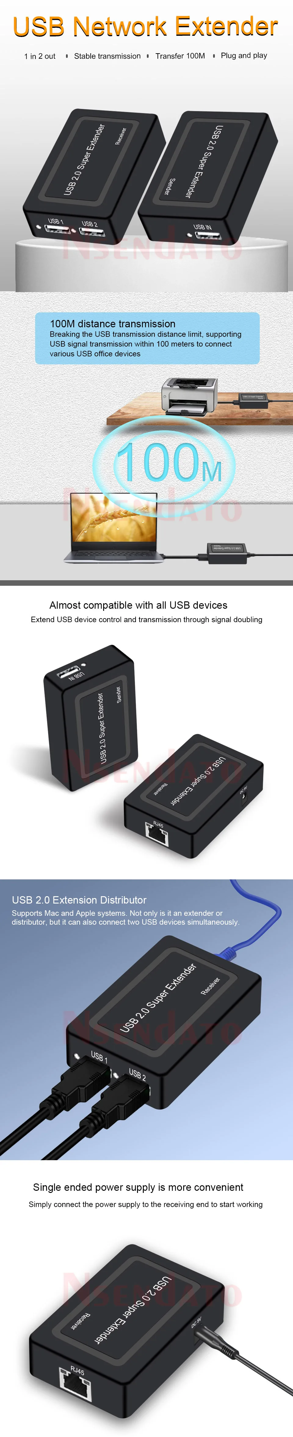 2 Port USB 2.0 Extender 100M Over Cat5e/6 USB To RJ45 Ethernet Cable Adapter for